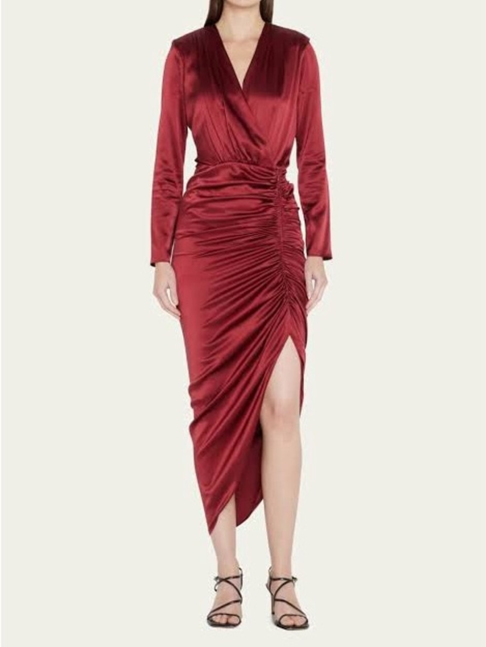 Veronica Beard Cameri Silk Long Sleeve Satin Ruched Dress in Burgundy